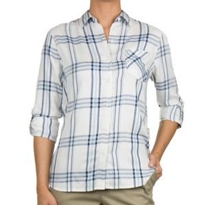 Woolrich Blue white plaid High Low button down Top